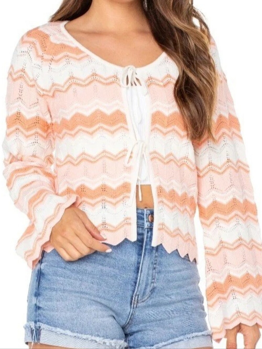 Celebrity Pink Cream & Peach Chevron Tie-Front Pointelle Knit Cardigan M